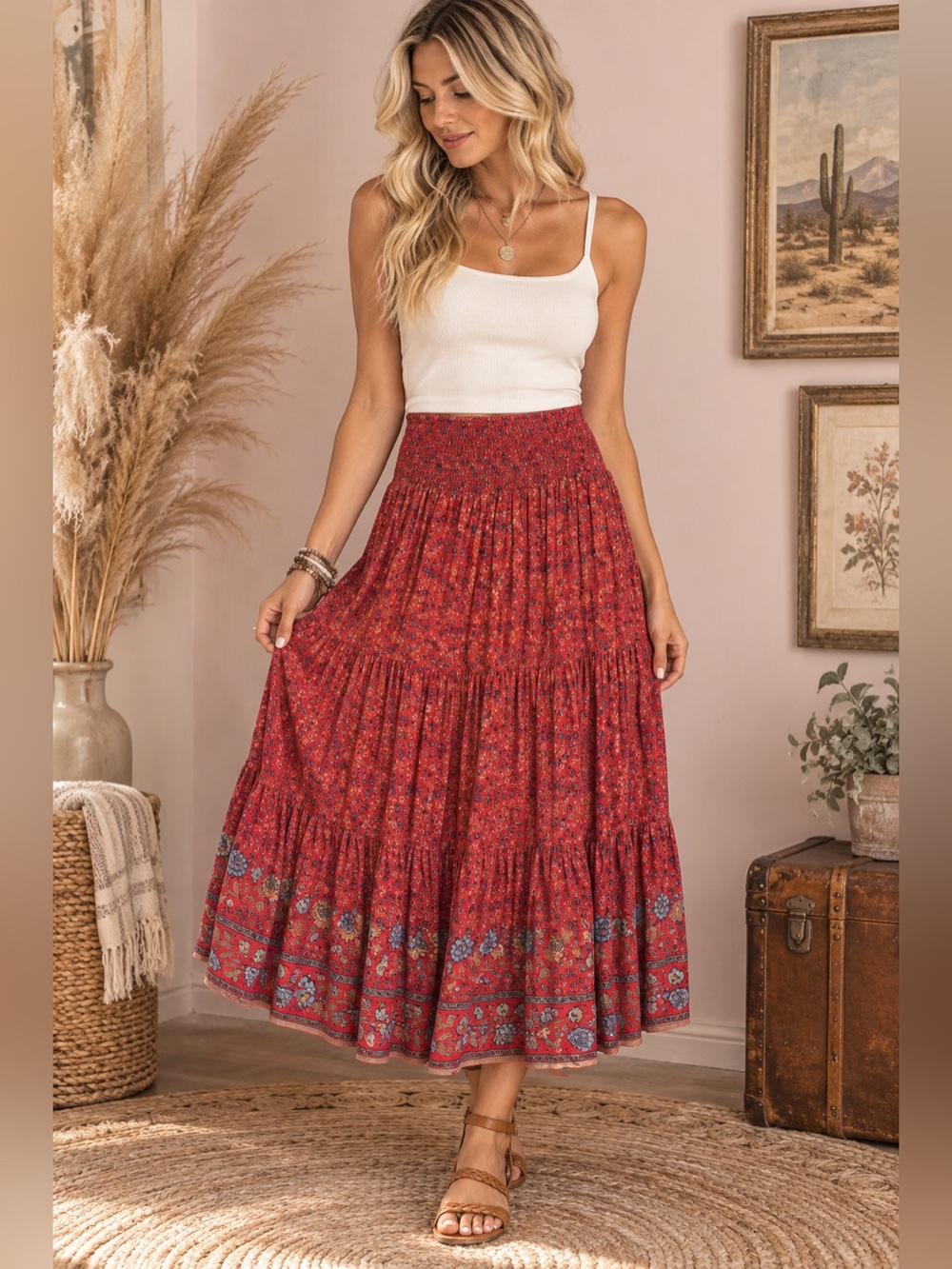 NATURAL LIFE Red Boho Tiered Maxi Skirt with Blue Accents